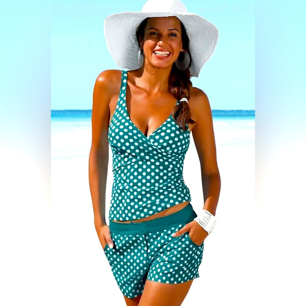 Polka Dot Twist Adjustable Straps V-neck & Pocket Bottom Tankini by Walkonbeach